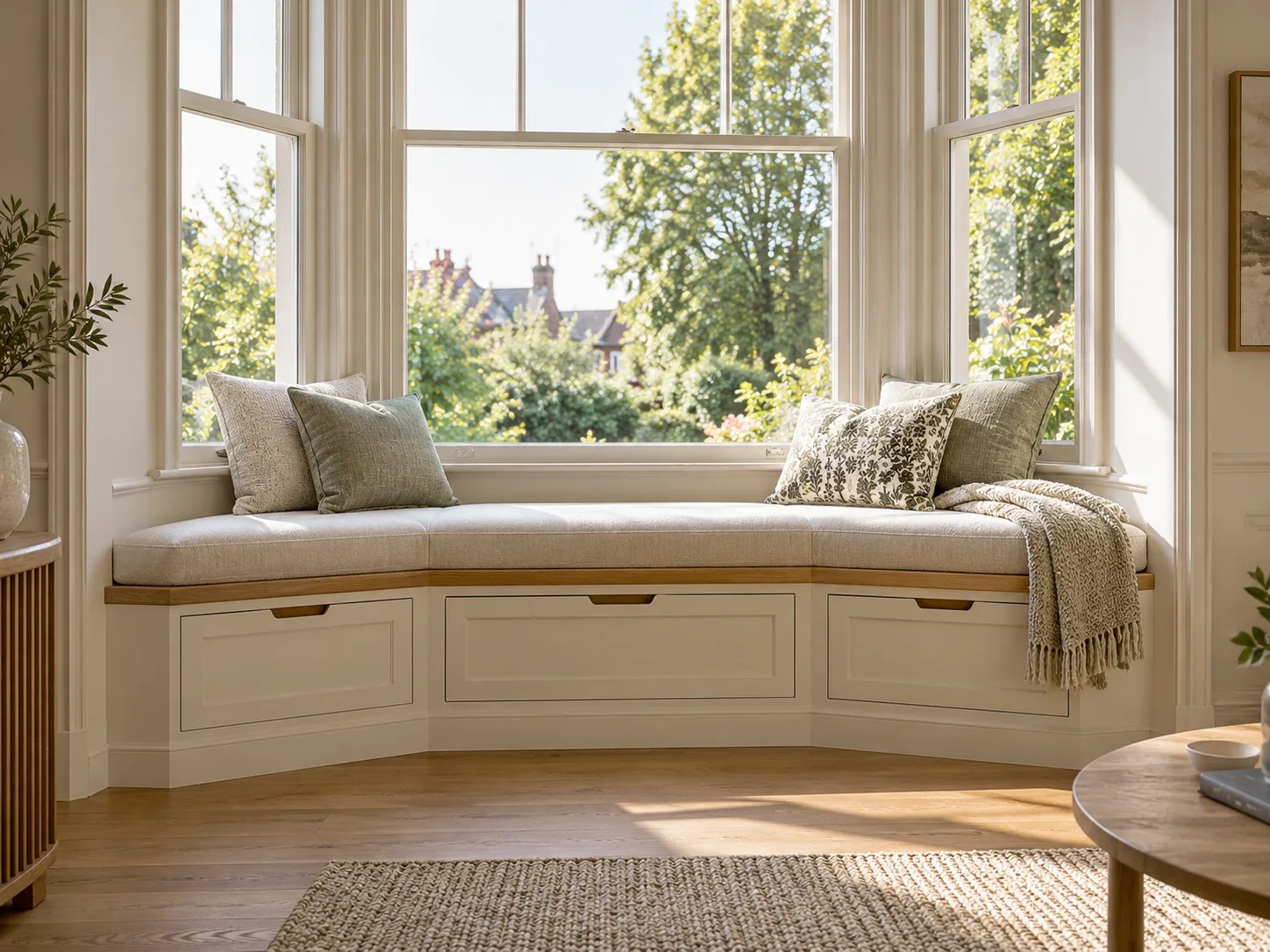 Ivory bay-window reading bench with a cushioned seat and deep storage drawers below