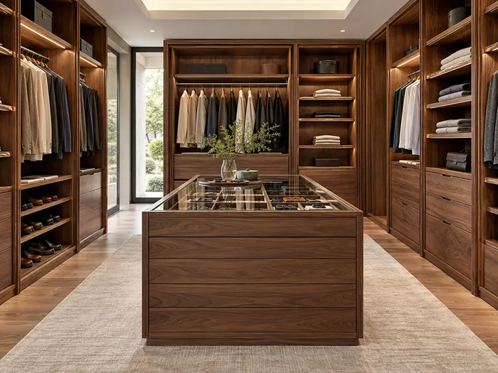 Walnut walk-in dressing room with a glass-top accessory island and illuminated wardrobe bays