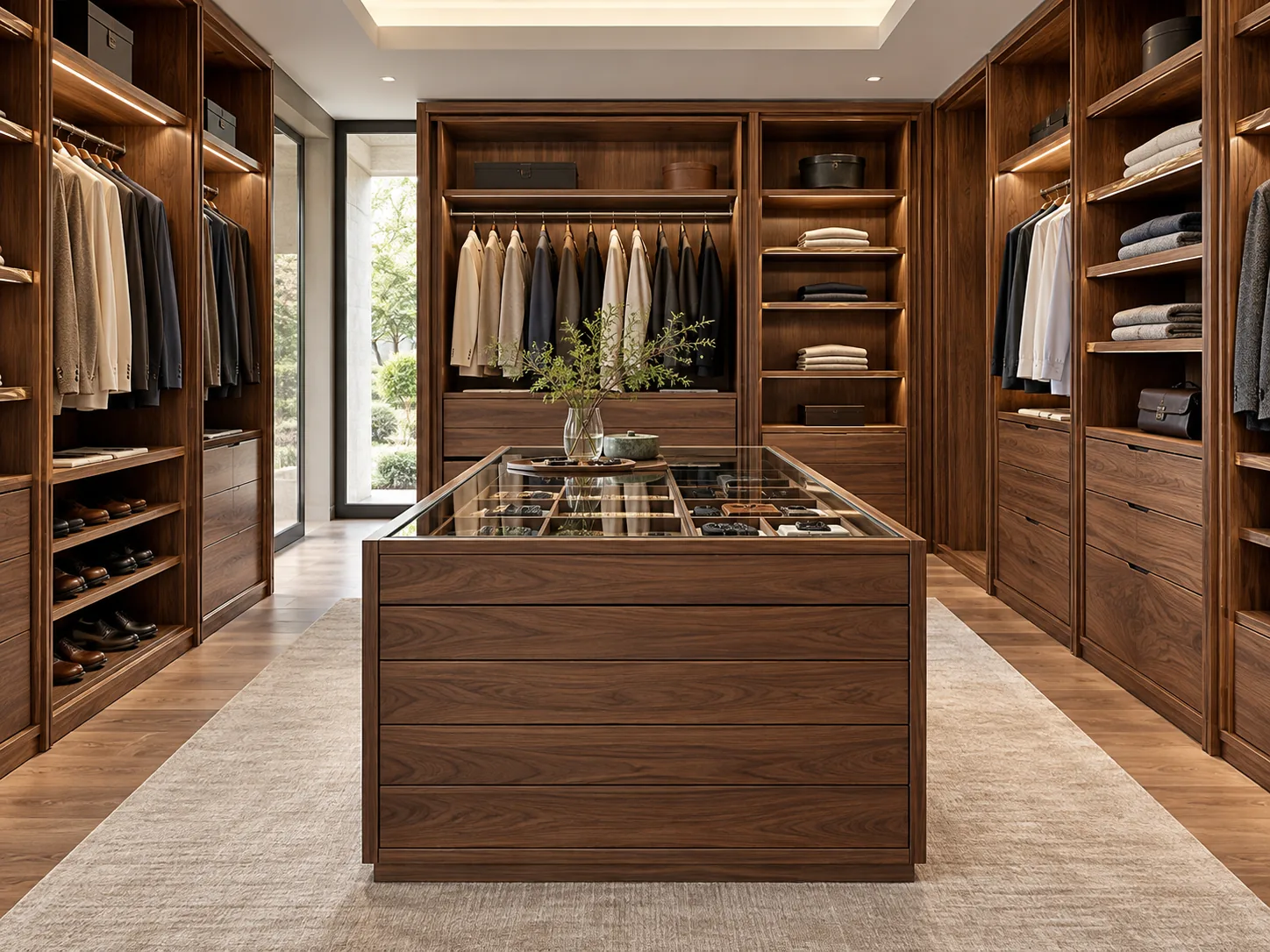 Walnut walk-in dressing room with a glass-top accessory island and illuminated wardrobe bays