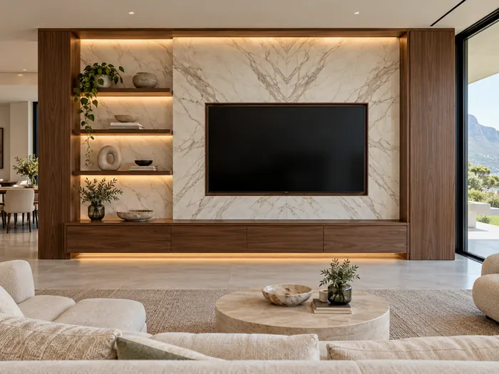 Bookmatched marble TV wall framed by walnut panels with floating shelves and a low media cabinet