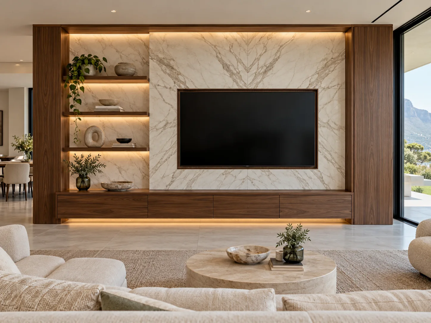 Bookmatched marble TV wall framed by walnut panels with floating shelves and a low media cabinet