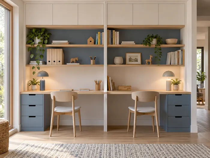 Two-position children’s study desk with individual drawers and shared overhead shelves