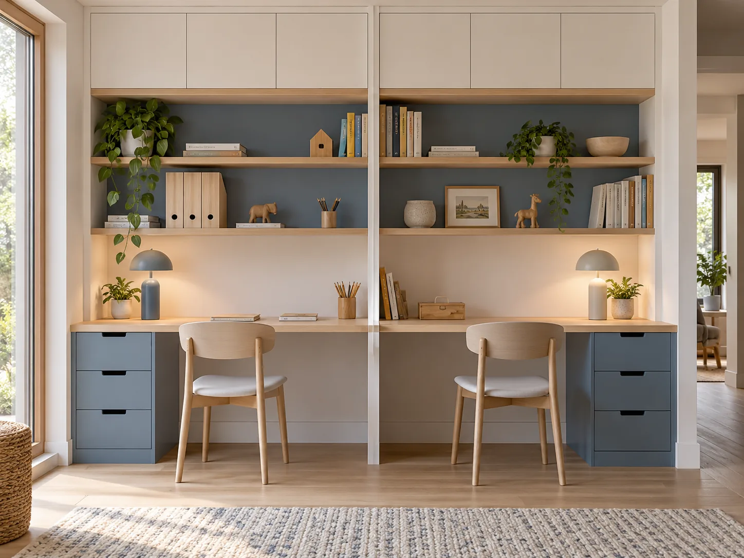 Two-position children’s study desk with individual drawers and shared overhead shelves