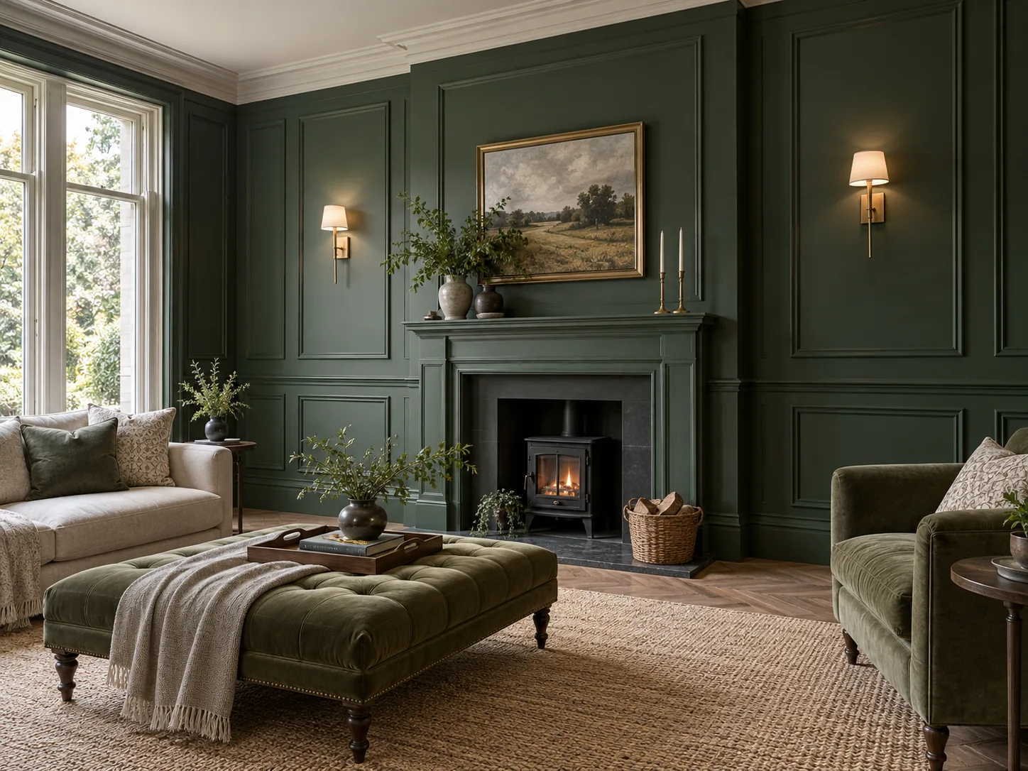 Deep green recessed wall panels with a dado rail and symmetrically positioned wall sconces
