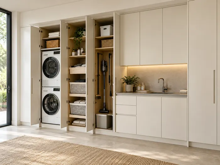 Warm-white laundry cabinetry with concealed appliances, pull-out baskets and a utility counter