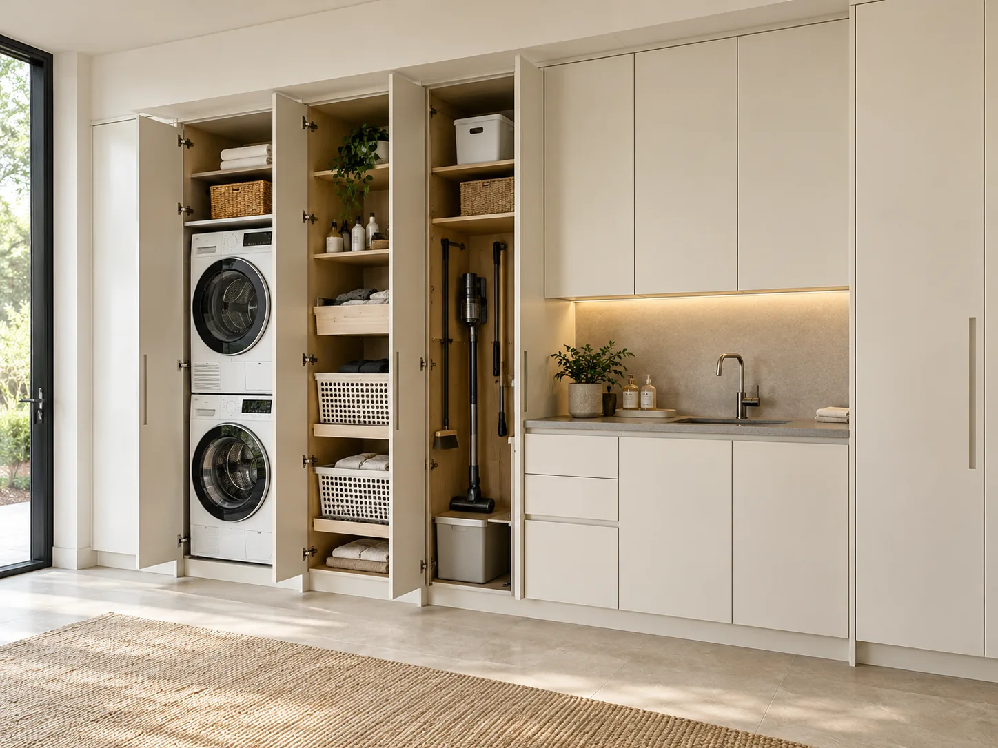 Warm-white laundry cabinetry with concealed appliances, pull-out baskets and a utility counter