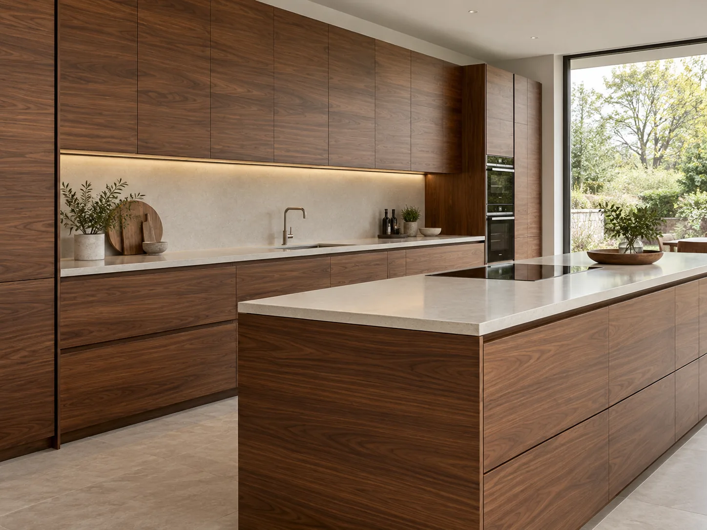 Handleless walnut kitchen with pale quartz worktops and discreet under-cabinet lighting