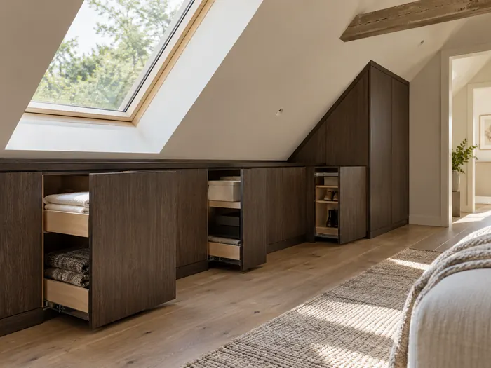 Low smoked-oak storage cupboards and pull-out drawers fitted beneath a sloping eaves ceiling