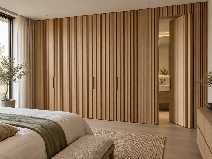 Oak slatted bedroom wardrobe with a concealed ensuite door aligned to the vertical timber rhythm