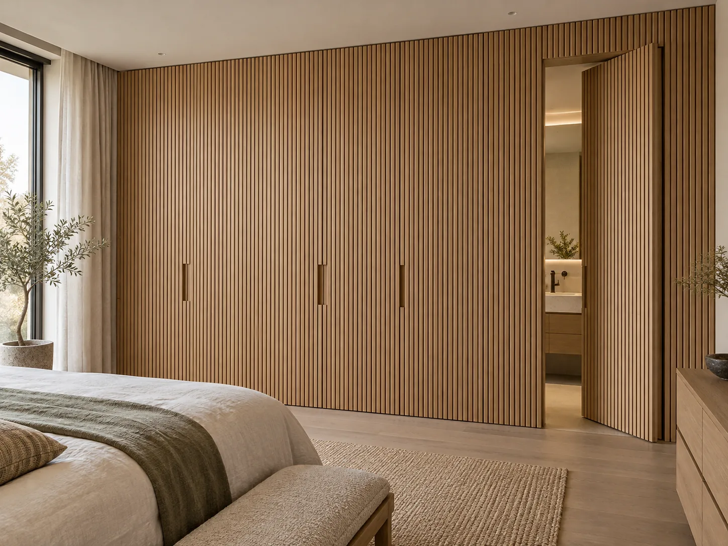 Oak slatted bedroom wardrobe with a concealed ensuite door aligned to the vertical timber rhythm