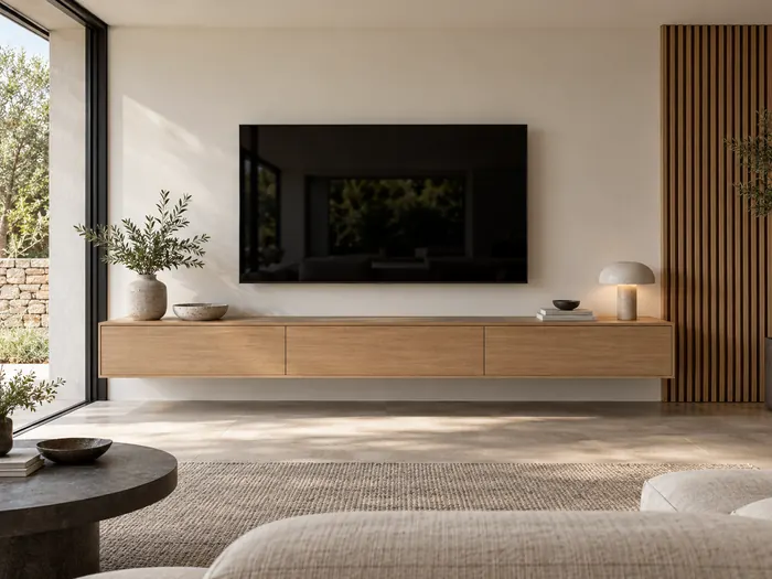 Floating oak media console with concealed storage compartments below a living-room TV