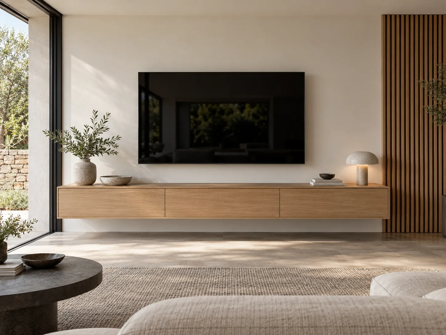 Floating oak media console with concealed storage compartments below a living-room TV