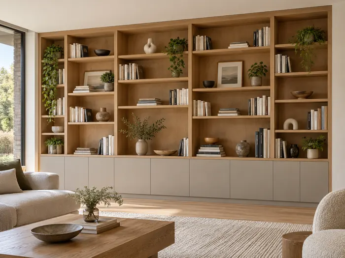 Floor-to-ceiling oak living-room bookcase with varied shelving widths and greige lower cupboards
