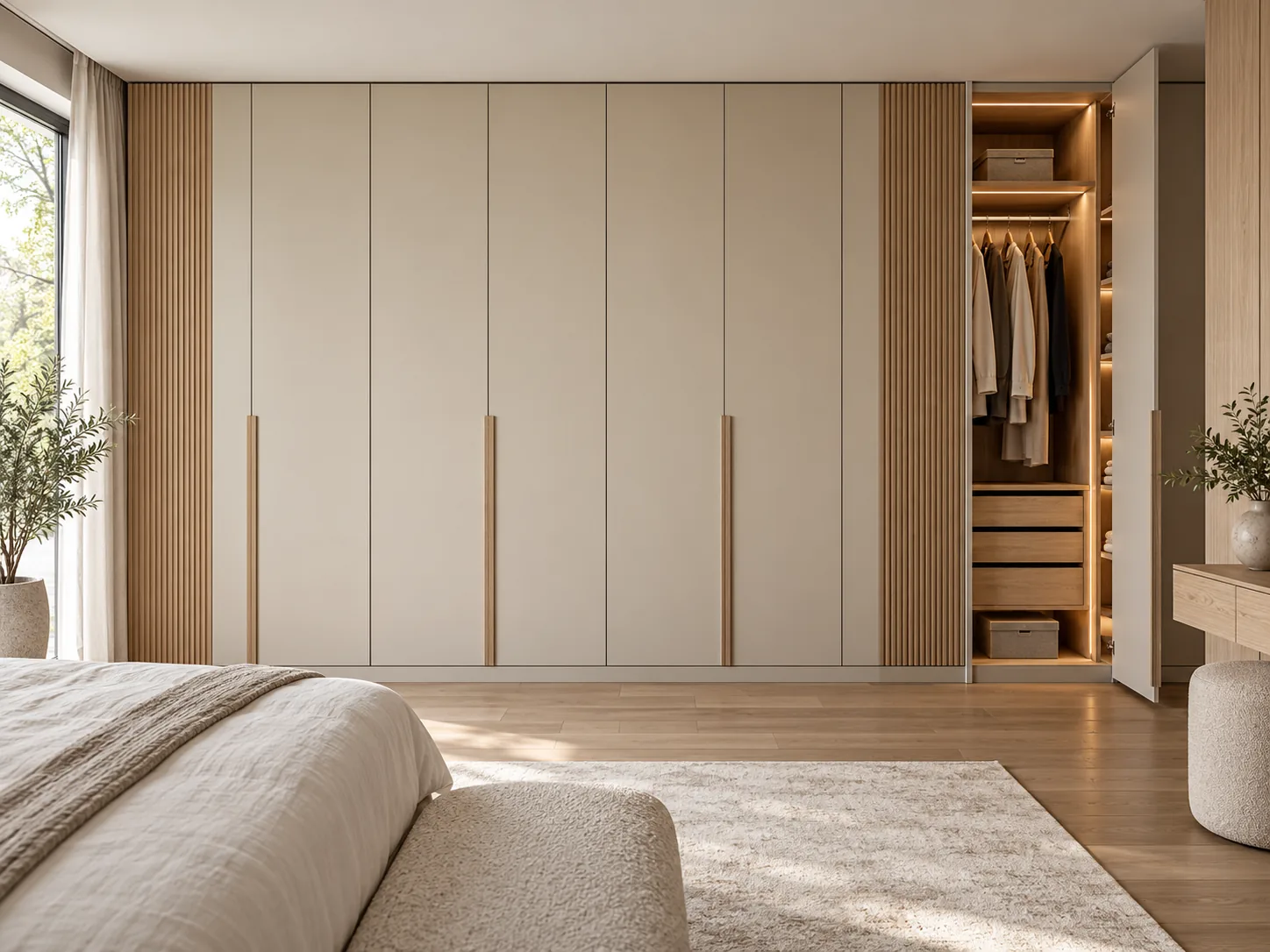 Full-height cashmere wardrobe with fluted oak panels and illuminated storage interiors