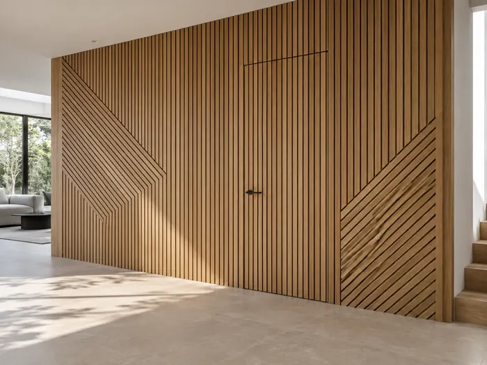 Geometric oak slat wall with a concealed doorway integrated into the timber pattern