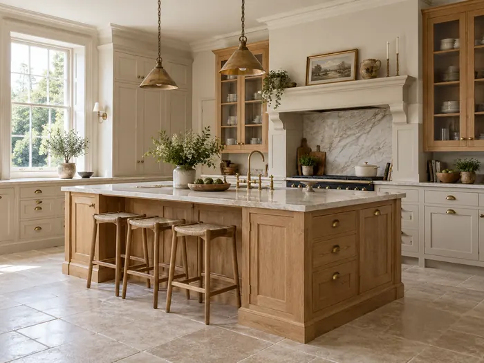 Georgian-style kitchen with an oak breakfast-bar island and off-white framed cabinets