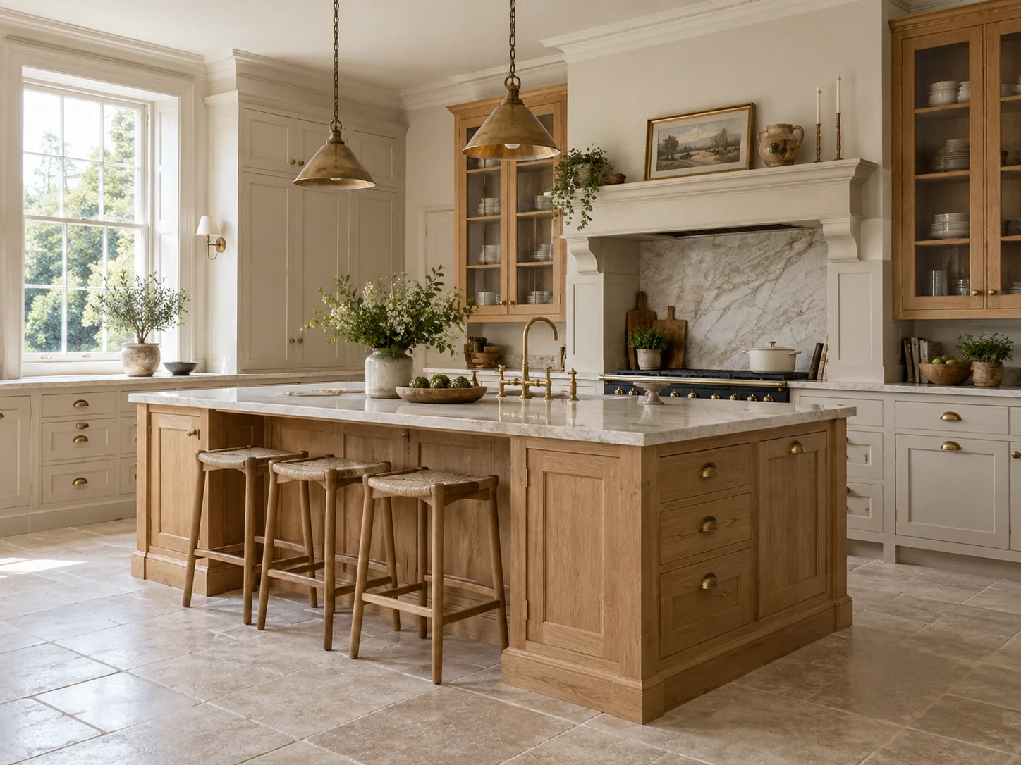 Georgian-style kitchen with an oak breakfast-bar island and off-white framed cabinets
