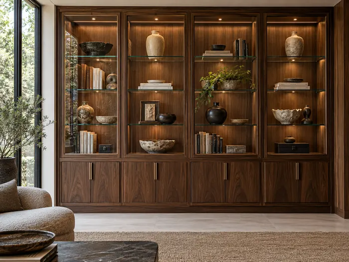 Walnut collector cabinet with glass-front display bays, illuminated shelves and lower cupboards