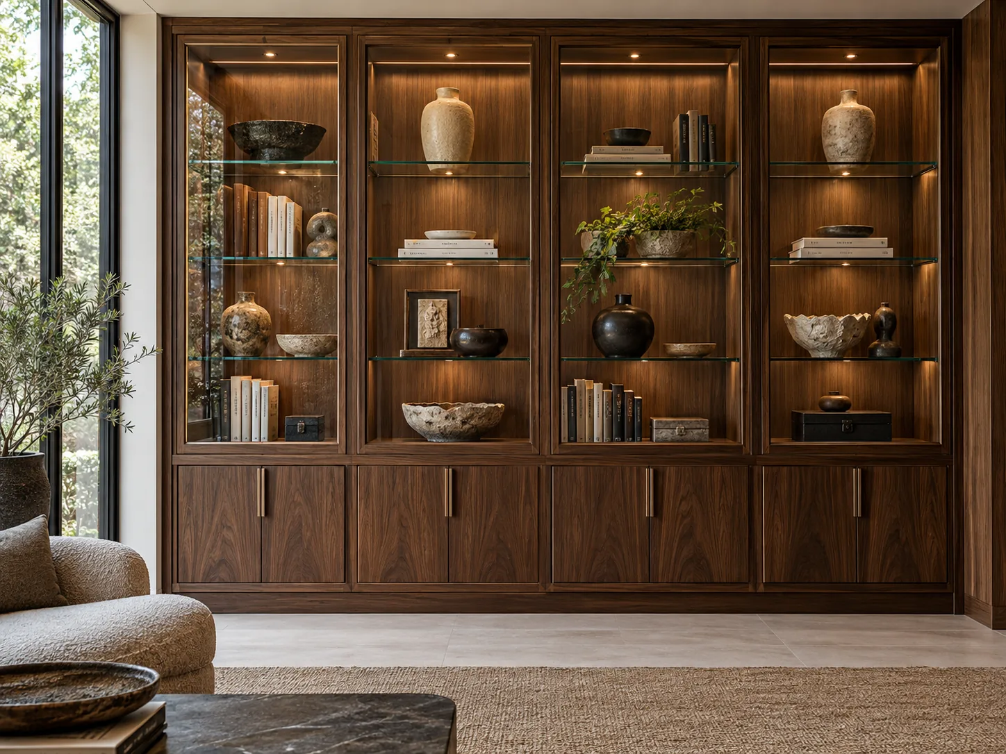 Walnut collector cabinet with glass-front display bays, illuminated shelves and lower cupboards