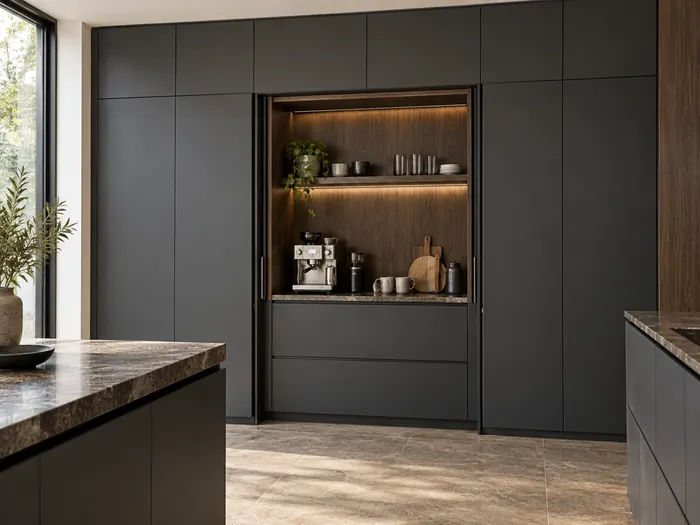Charcoal slab kitchen with an open smoked-oak coffee niche and flush pocket doors