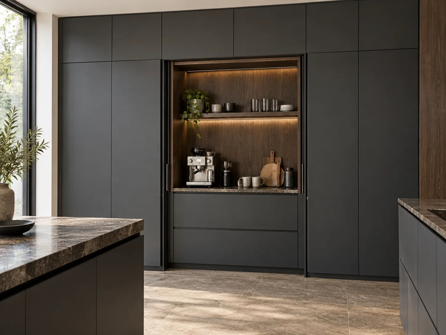 Charcoal slab kitchen with an open smoked-oak coffee niche and flush pocket doors
