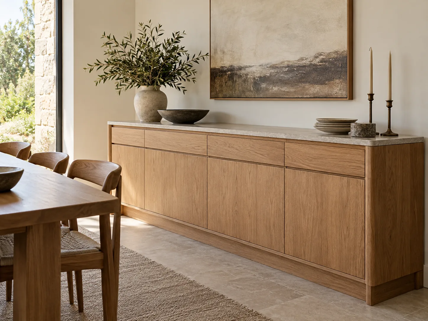 Fitted oak dining sideboard with recessed handles and a honed stone display top