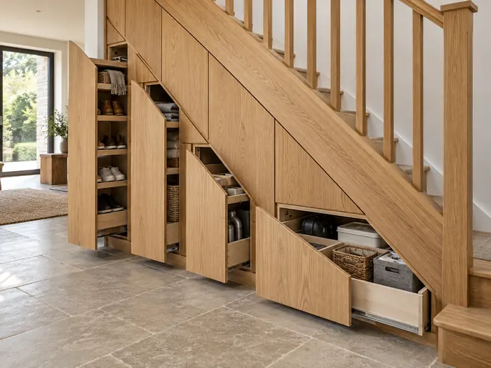 Oak under-stairs storage with graduated flush pull-out drawers following the staircase slope
