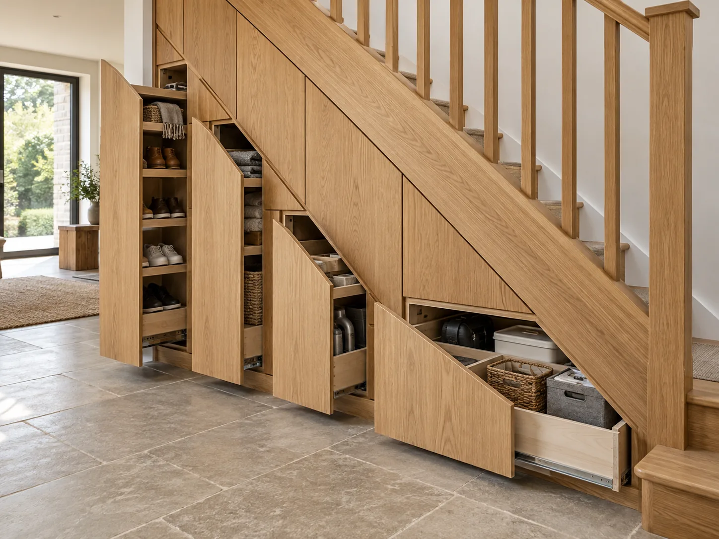 Oak under-stairs storage with graduated flush pull-out drawers following the staircase slope