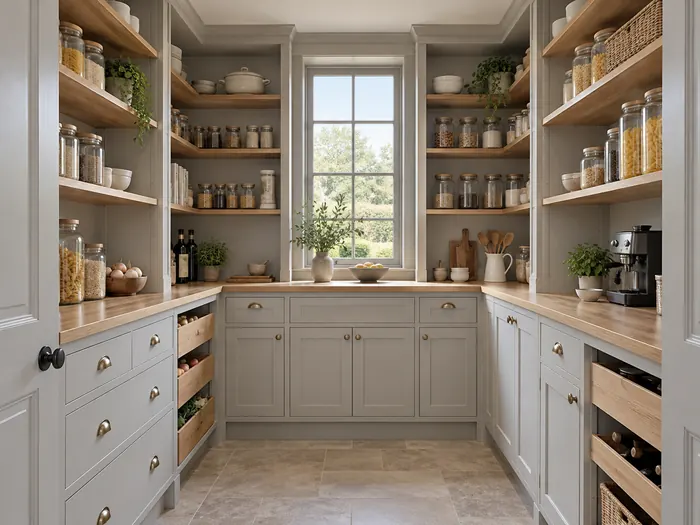 Chalk-grey pantry cabinetry with open oak shelves, labelled drawers and closed utility storage