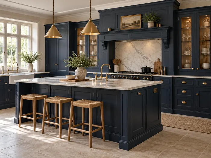 Navy beaded Shaker kitchen with a decorative cooker mantle, brass handles and a central island