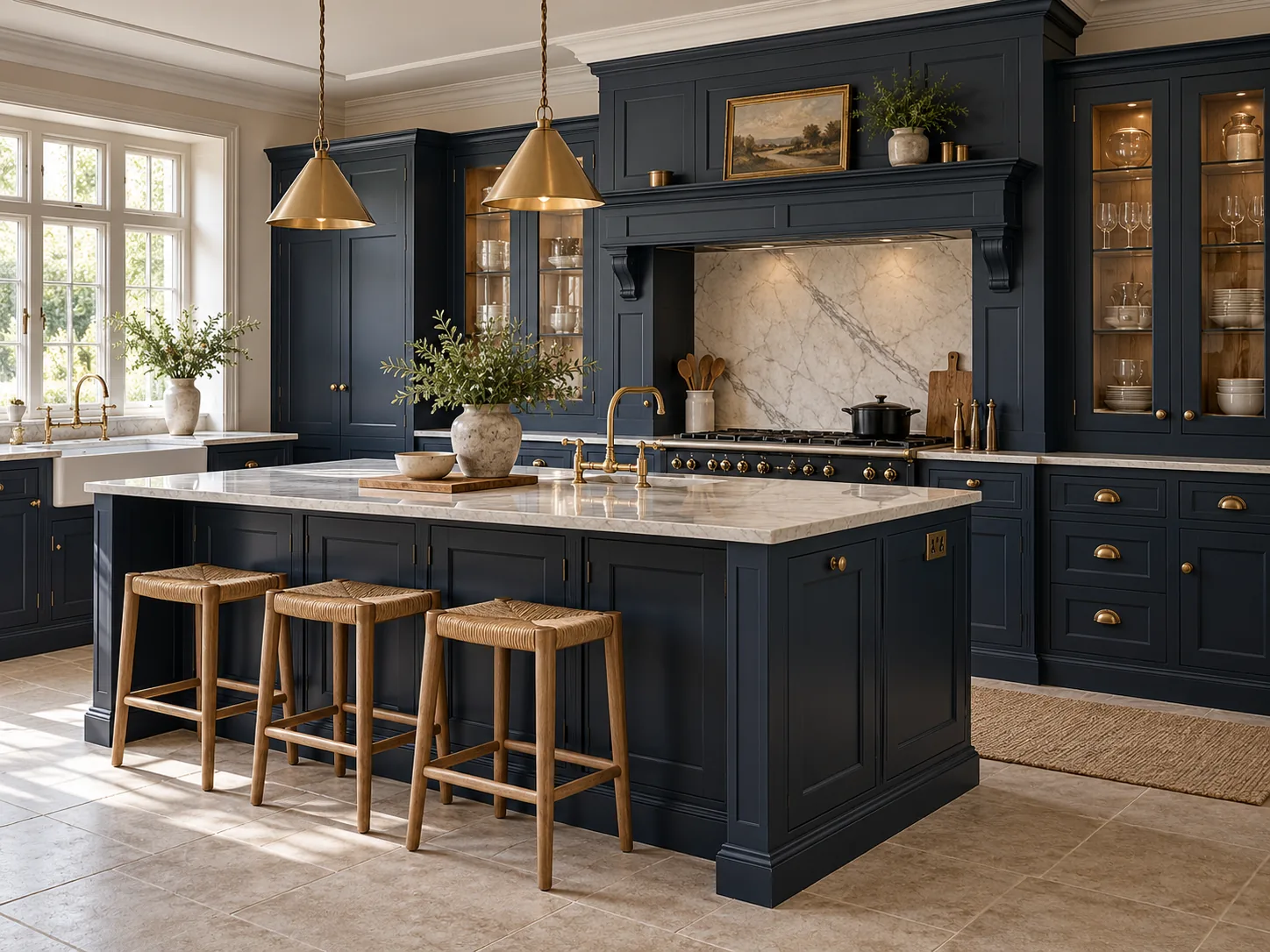 Navy beaded Shaker kitchen with a decorative cooker mantle, brass handles and a central island