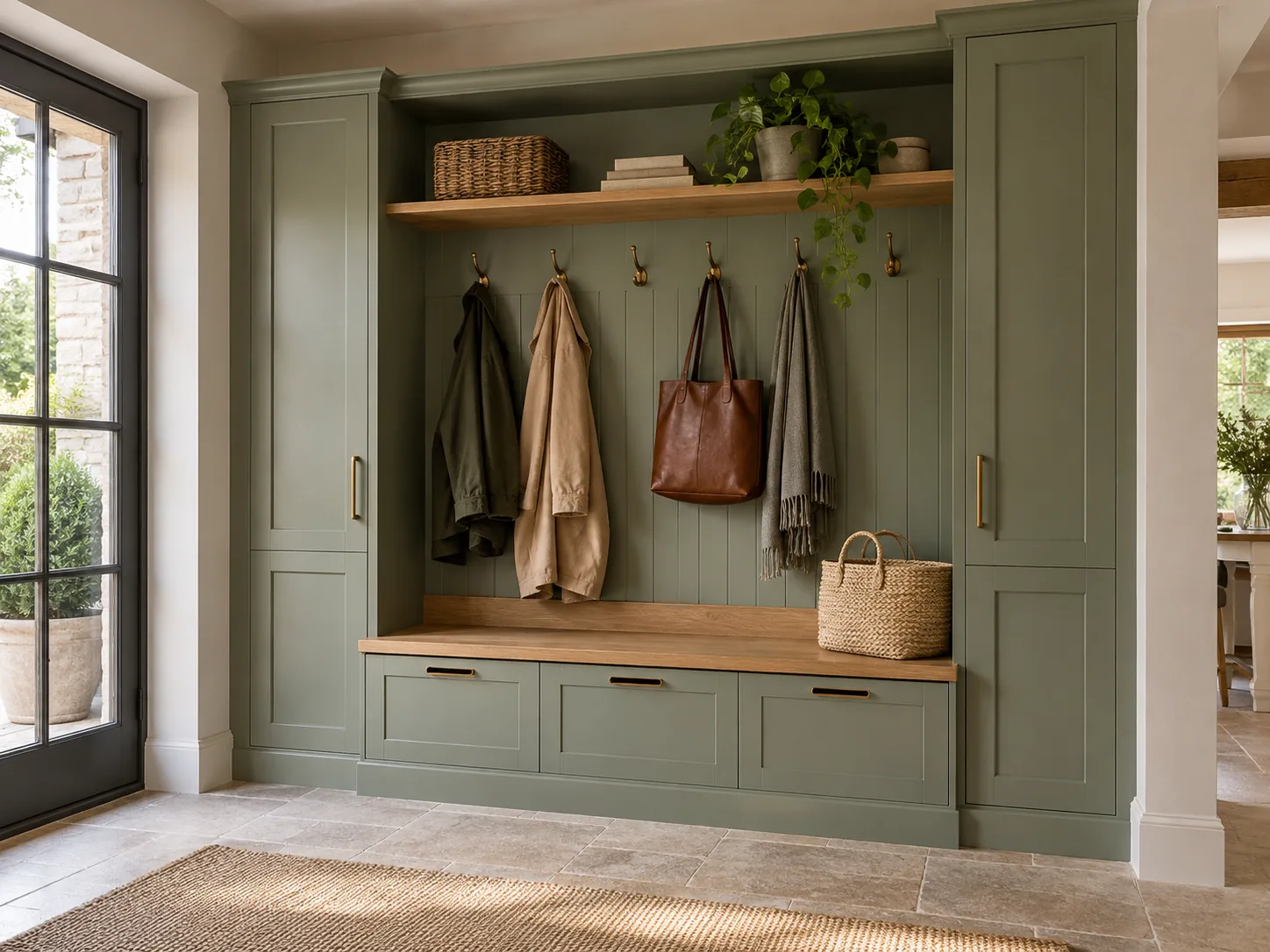 Sage mudroom cabinetry with an oak bench, coat hooks and shoe-storage drawers
