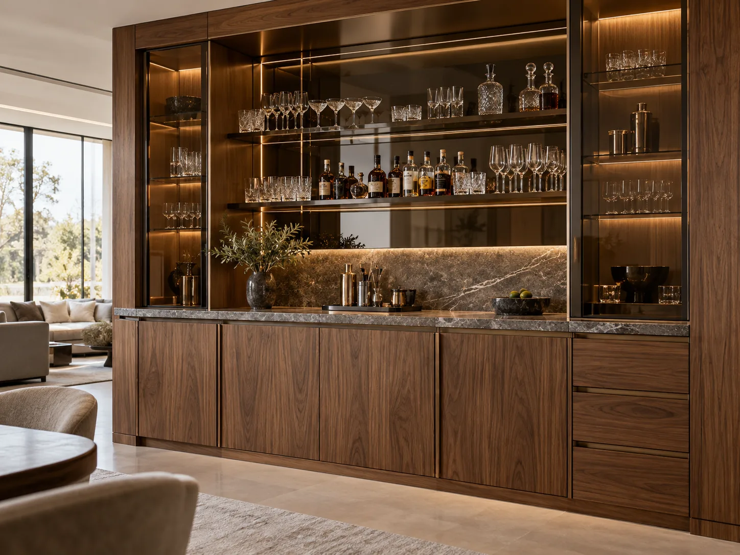 Walnut home bar with smoked-glass shelves, illuminated display bays and a stone counter