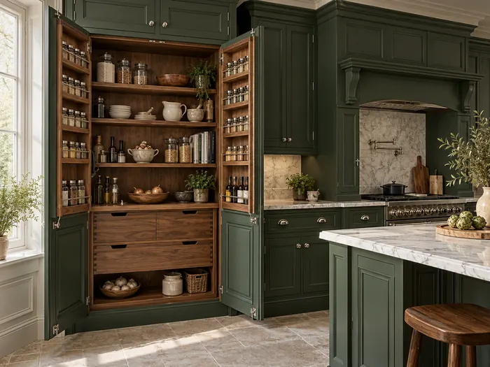 Forest-green in-frame kitchen with polished nickel handles and an open walnut-lined pantry
