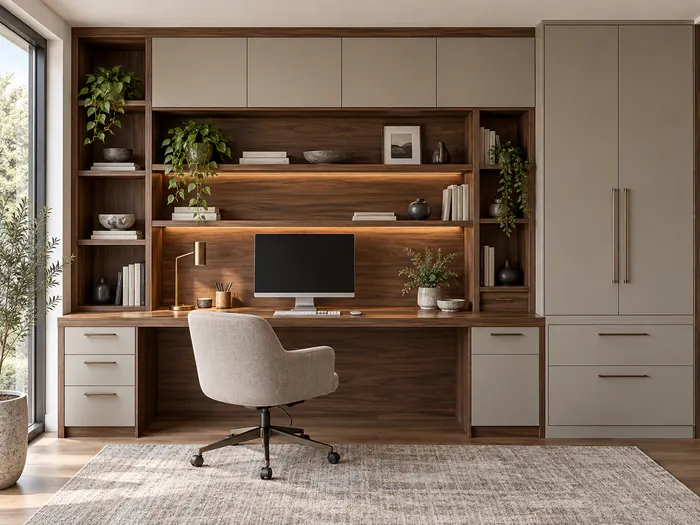 Walnut fitted home-office desk with greige storage cupboards and open shelving