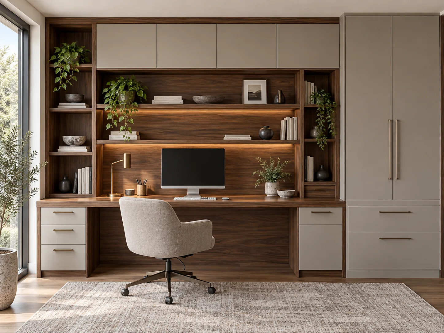 Walnut fitted home-office desk with greige storage cupboards and open shelving