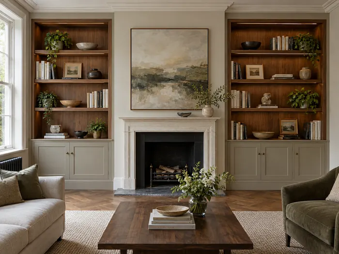 Pair of walnut library alcoves with adjustable book shelves and painted lower cabinets